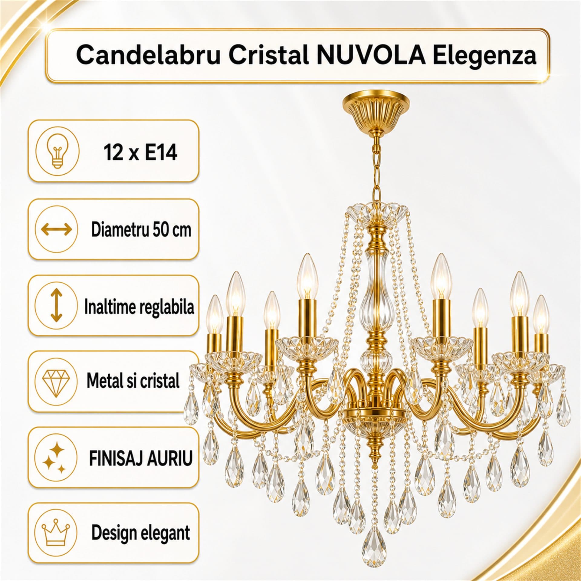 Candelabru Flippy Cristal NUVOLA Elegenza 12x E14 D50 cm Auriu Inaltime Reglabila — imagine 2