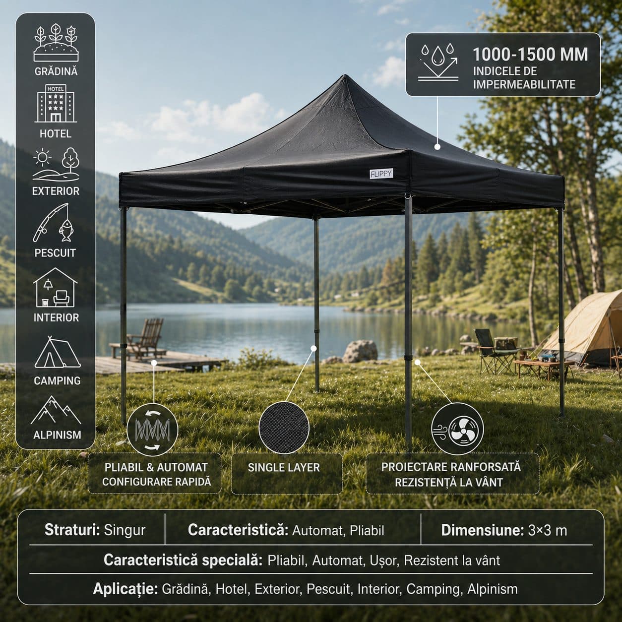 Pavilion pliabil Flippy 3x3m, cadru metal ranforsat, negru — imagine 4