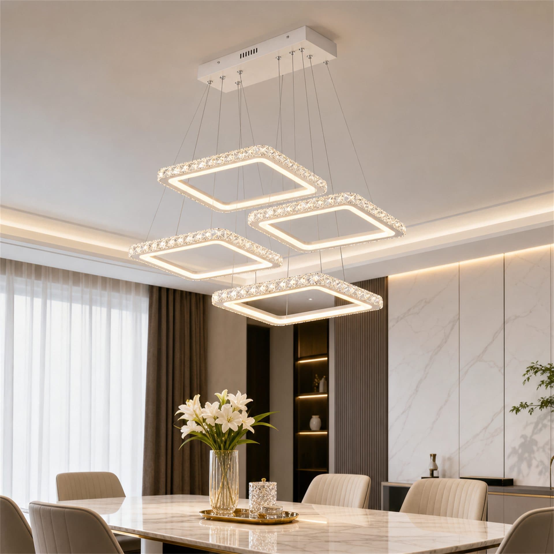 Lustra LED Flippy RENATO Nobile cu telecomanda si cristal, 54W, 4 Patrate, Lumina Rece/Calda/Neutra, Dimabila, Alb — imagine 4