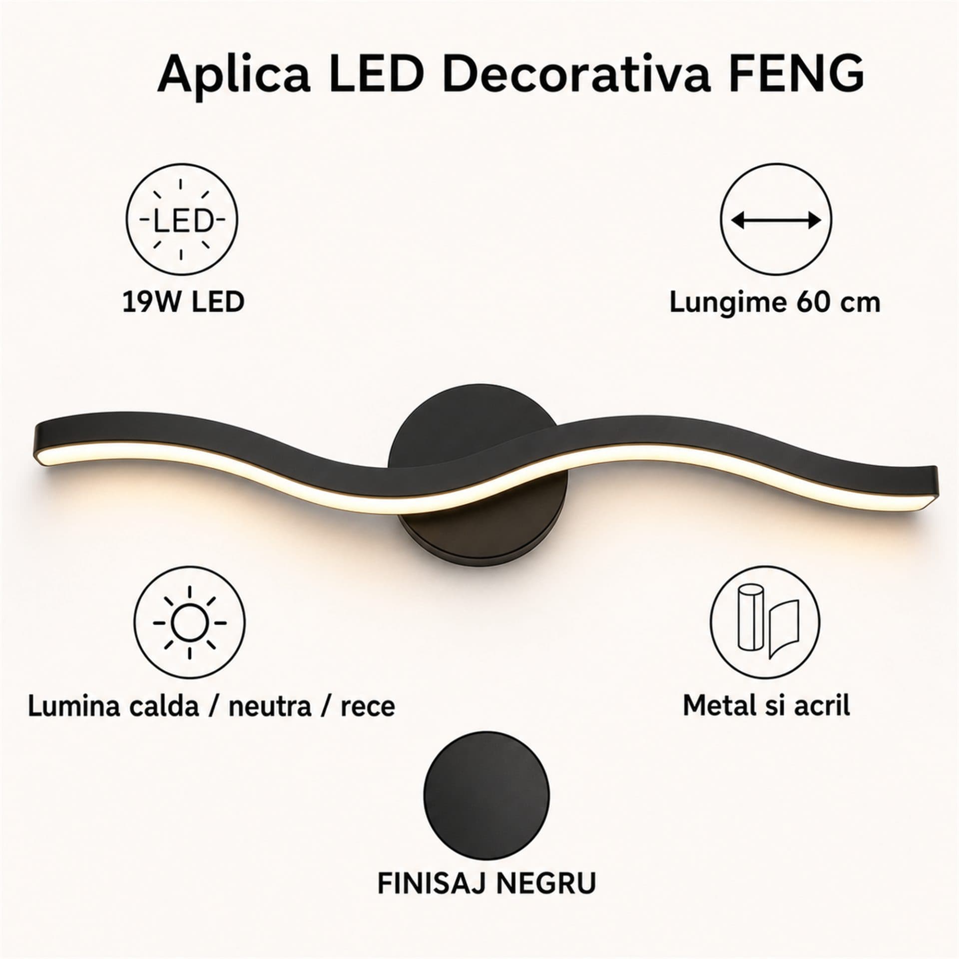 Aplica LED Decorativa Flippy 60cm Negru — imagine 6