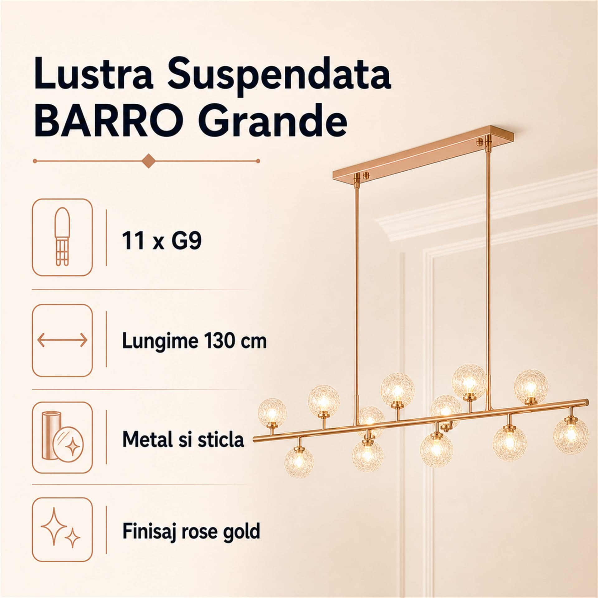 Lustra Suspendata BARRO Grande L130cm 11x G9 Rose Gold Metal si Sticla — imagine 6