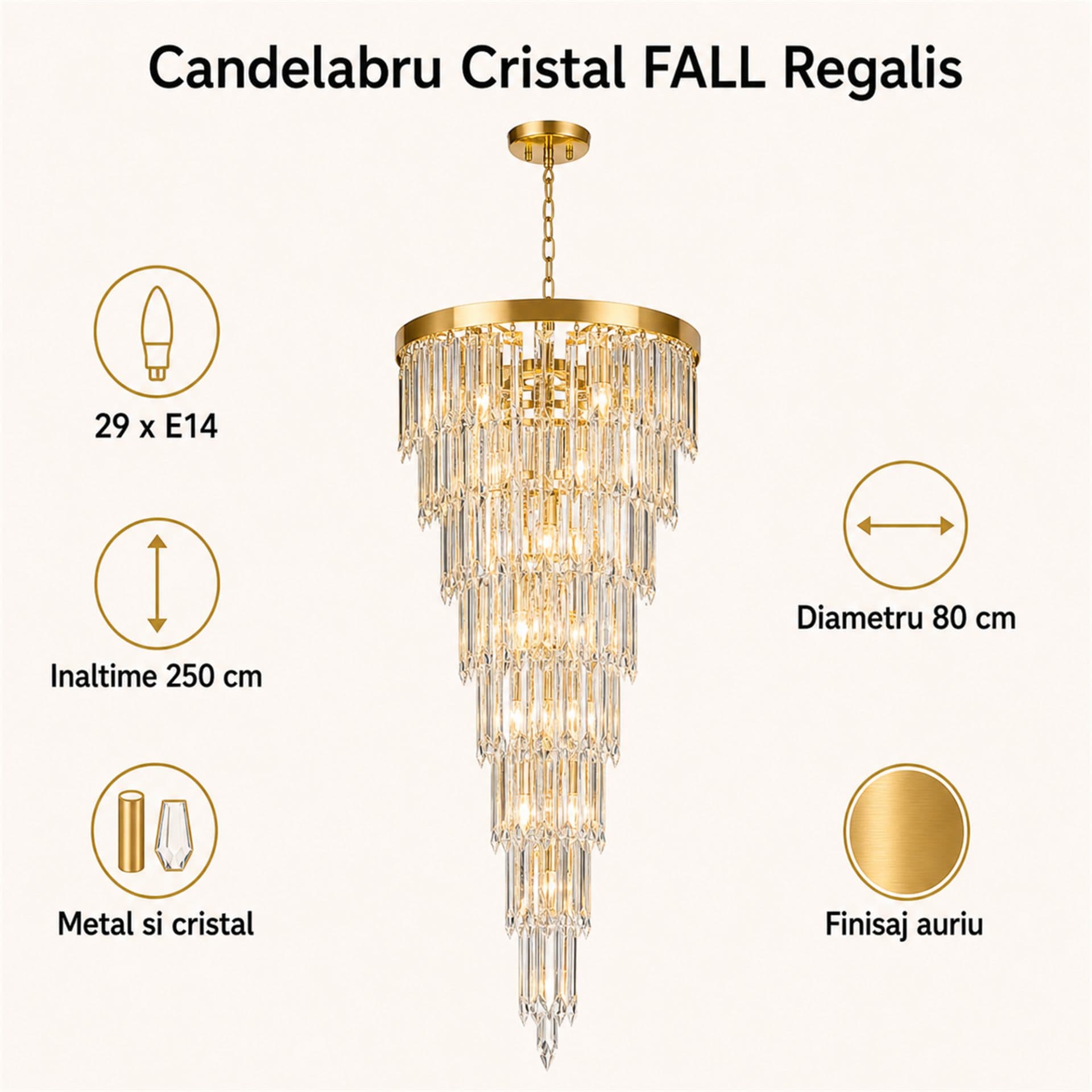 Candelabru Flippy Cristal FALL Regalis 29xE14 D80 cm Auriu Metal si Cristal — imagine 4
