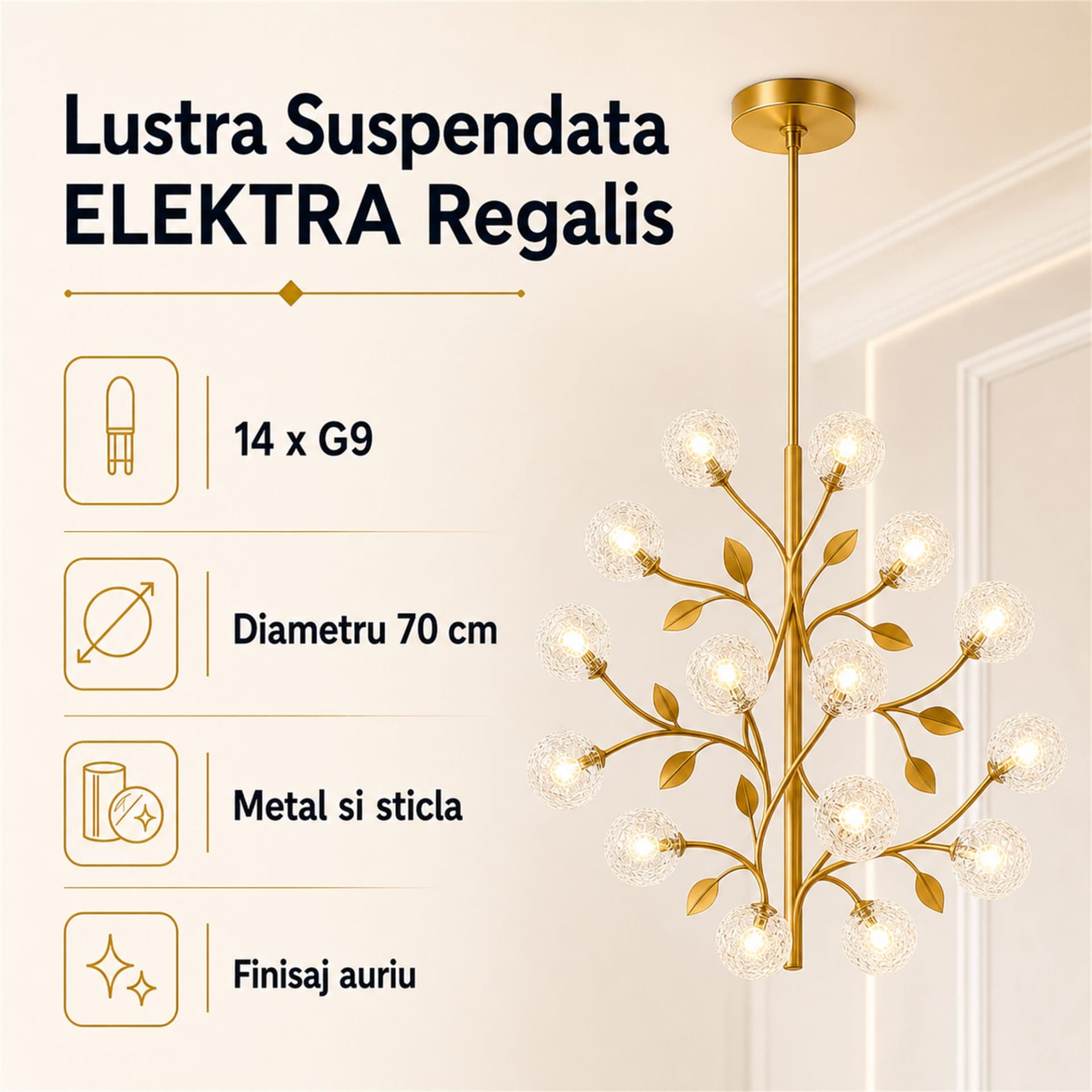Lustra Suspendata Flippy Regalis Ø70cm 14xG9 Auriu Metal si Sticla — imagine 7