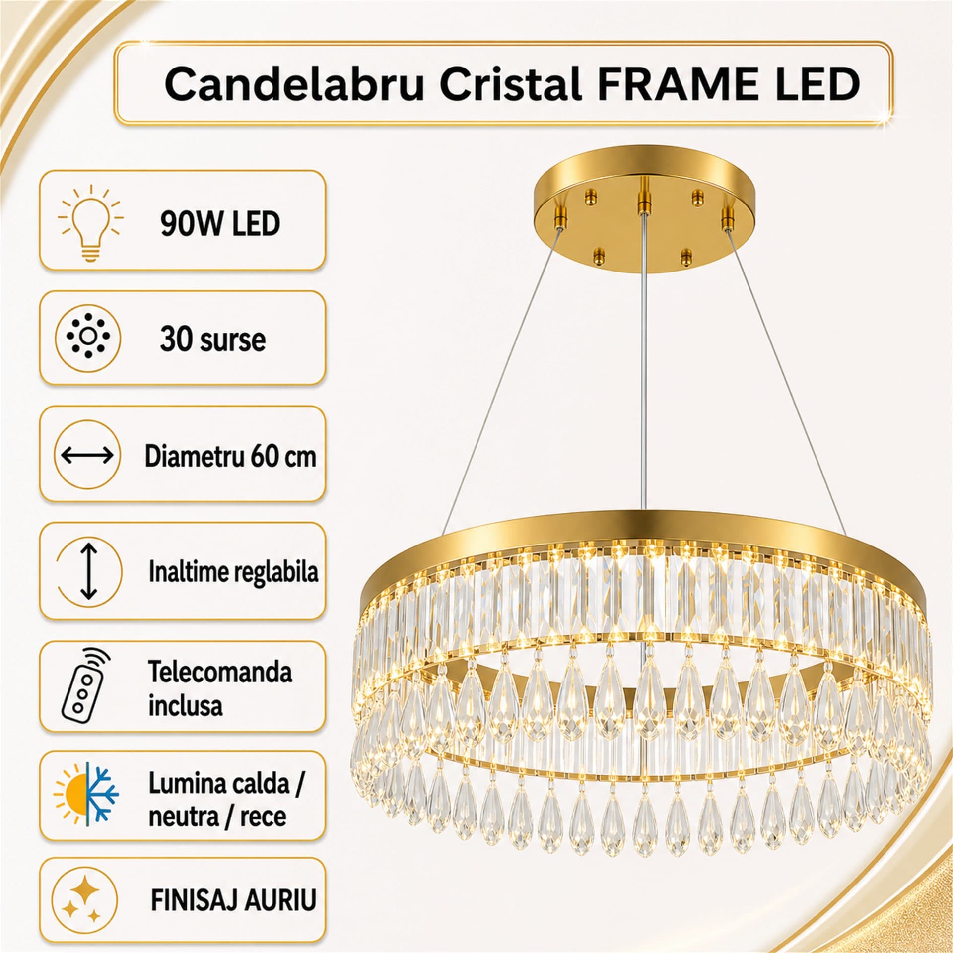 Candelabru Flippy Cristal LED Suspendat 90W 60cm — imagine 2