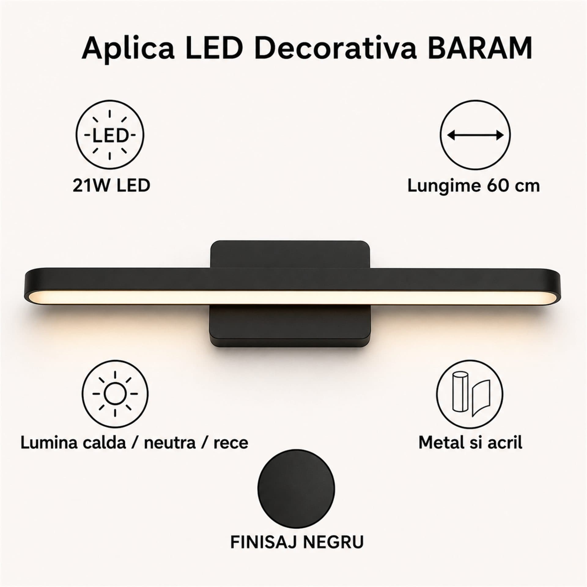 Aplica LED Decorativa Flippy 60cm Negru Calda/Neutra/Rece — imagine 8