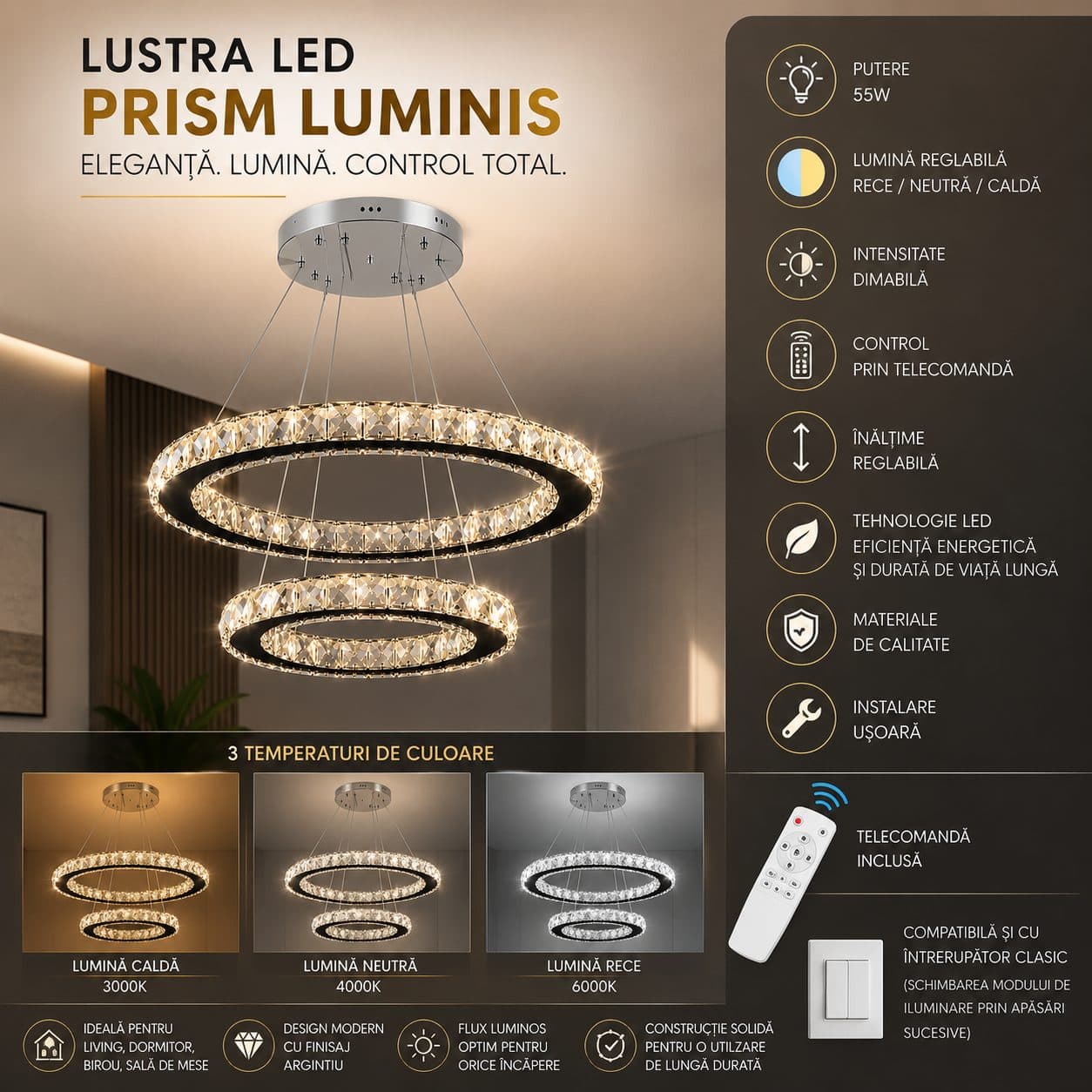 Lustra LED cu telecomanda Flippy PRISM LUMINIS 58W — imagine 3