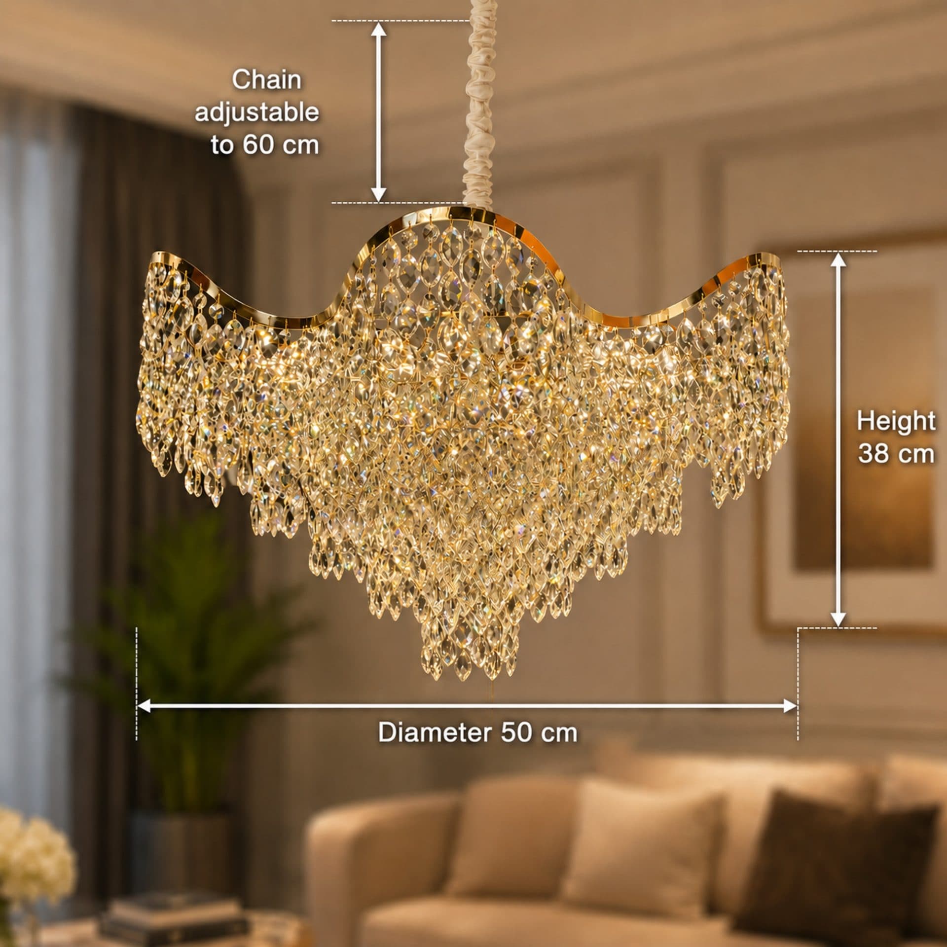 Candelabru Flippy Cristal VELOURA Eleganza 9xE14 D50 cm Auriu Inaltime Reglabila Metal si Cristal — imagine 4