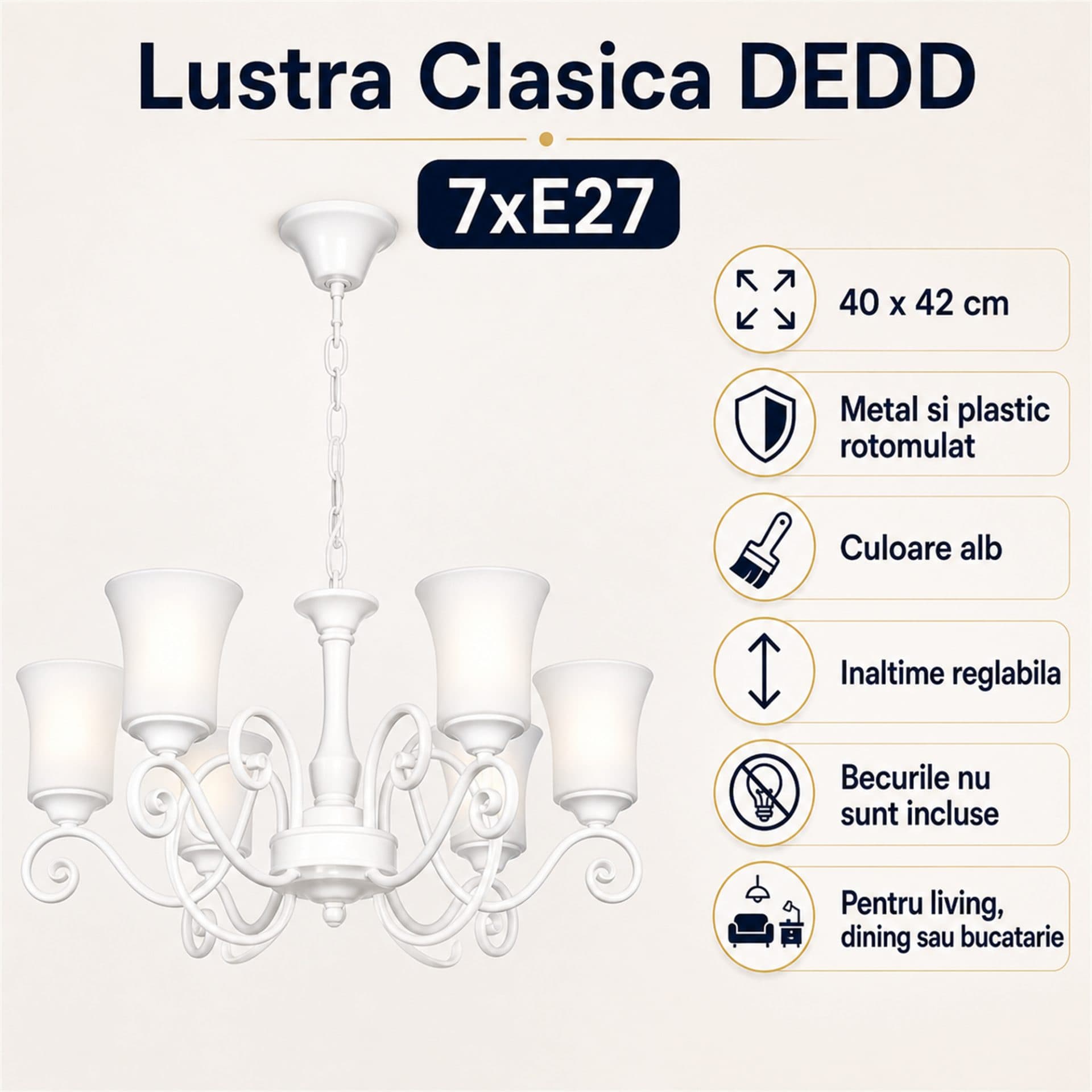 Lustra Flippy Clasica DEDD 7xE27 40x42cm Metal si Plastic rotomulat Alb Inaltime Reglabila — imagine 12