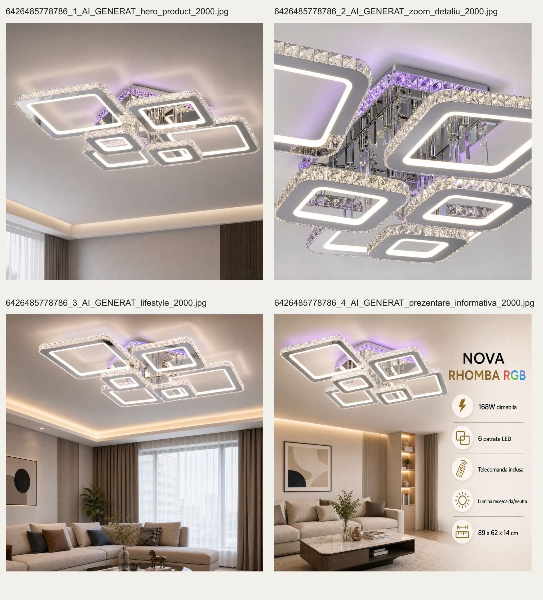Lustra LED Flippy NOVA RHOMBA RGB 168W, 6 Patrate, telecomanda, Crom Lucios — imagine 5