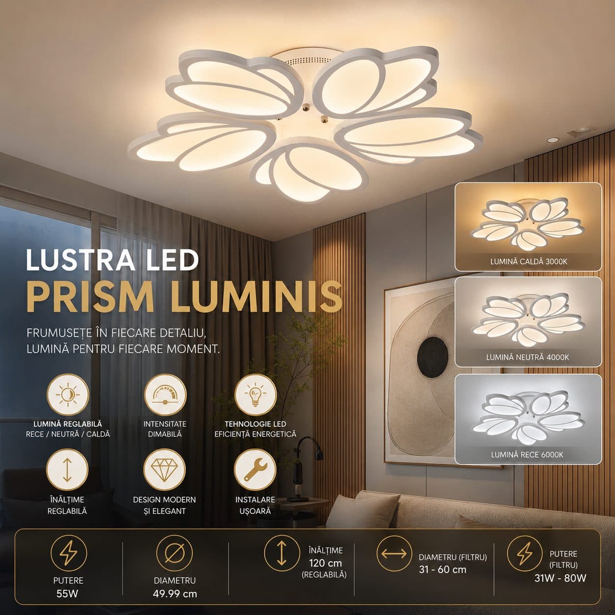 Lustra LED TULIP Flippy 81W cu telecomanda, 5 petale, alb — imagine 2