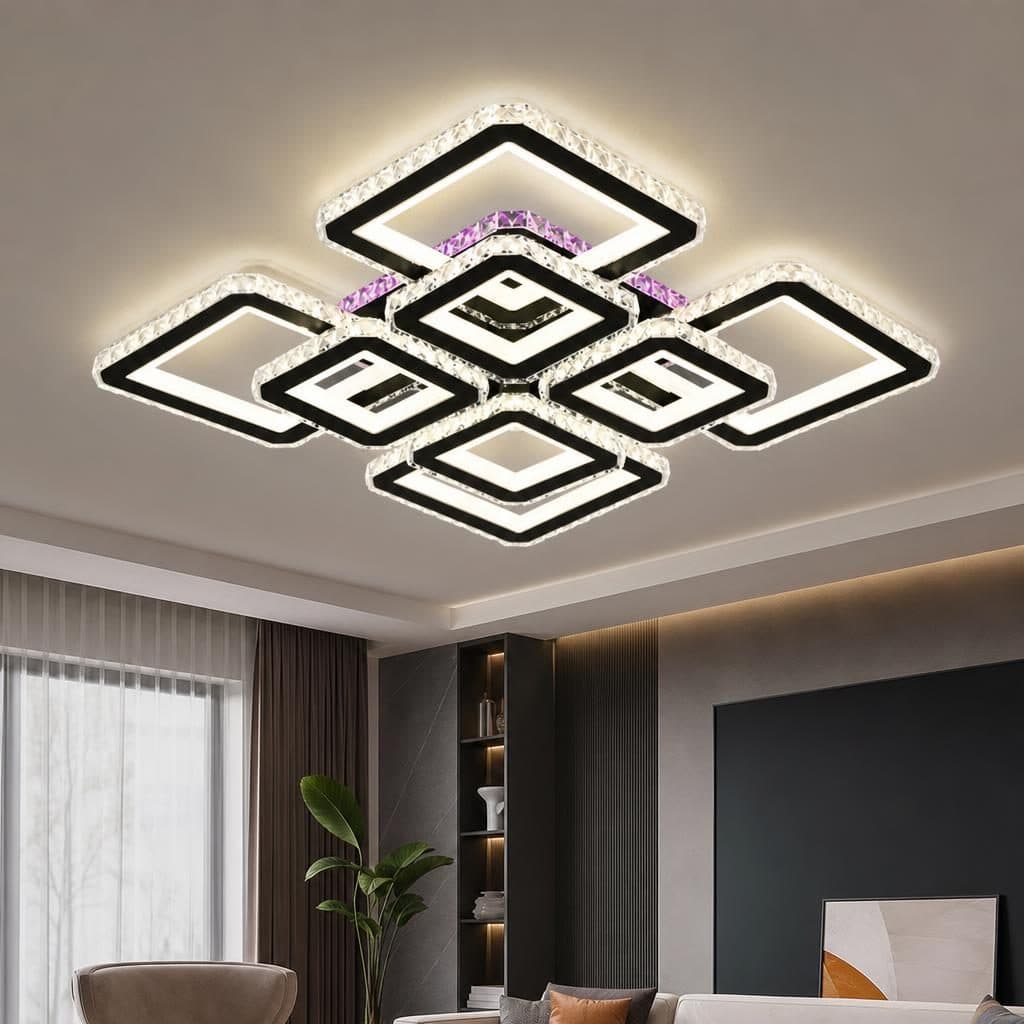 Lustra LED Flippy RGB 163W, 8 Patrate, telecomanda, Cristal, Negru — imagine 2