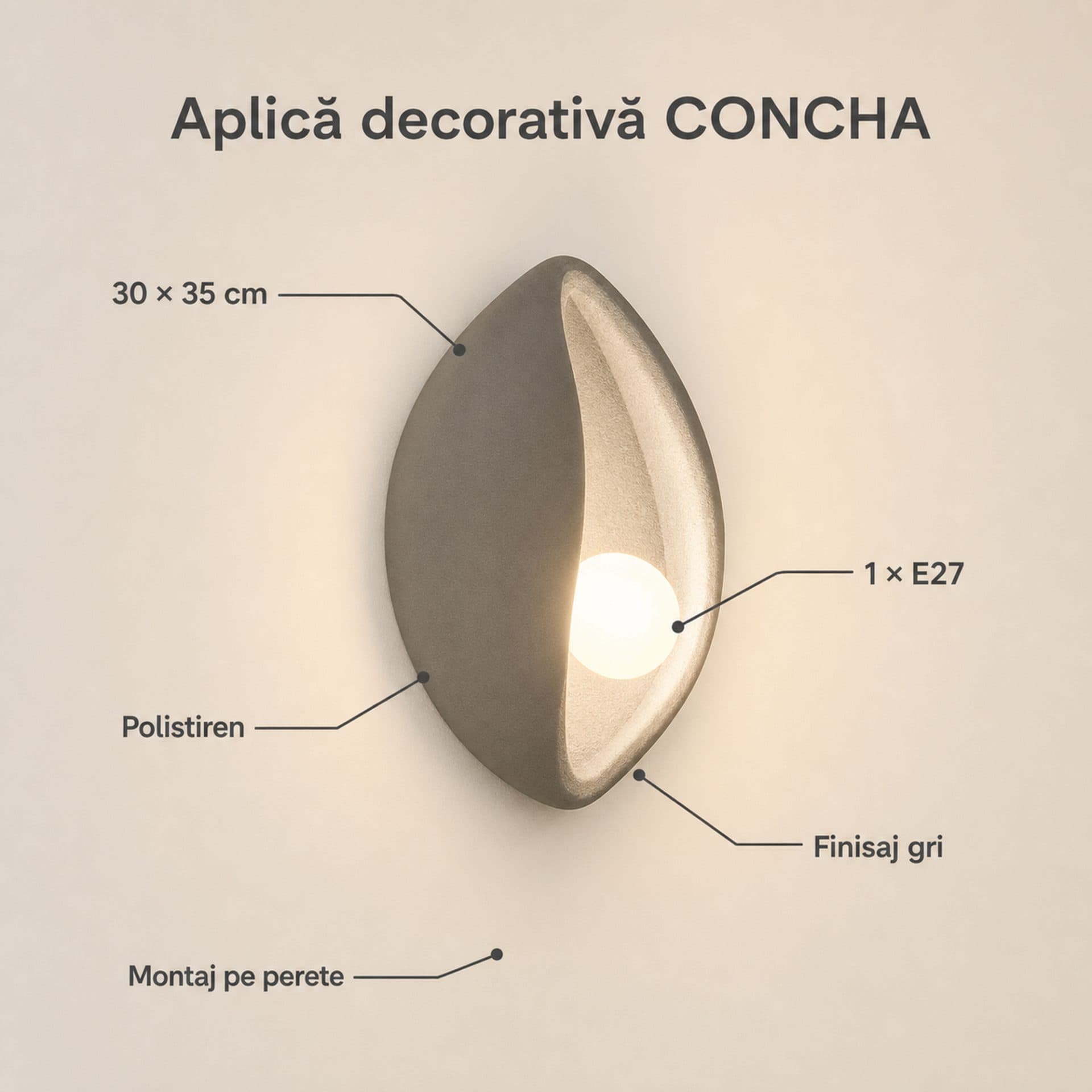 Aplica LED Decorativa Flippy CONCHA Gri 30x35cm Soclu E27 — imagine 7