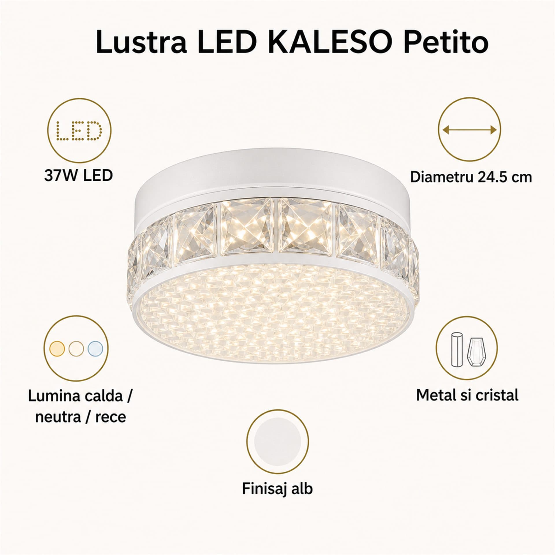 Lustra LED Flippy KALESO Petito 37W Diametru 24.5cm Lumina Calda/Neutra/Rece Alb Metal si Cristal — imagine 6