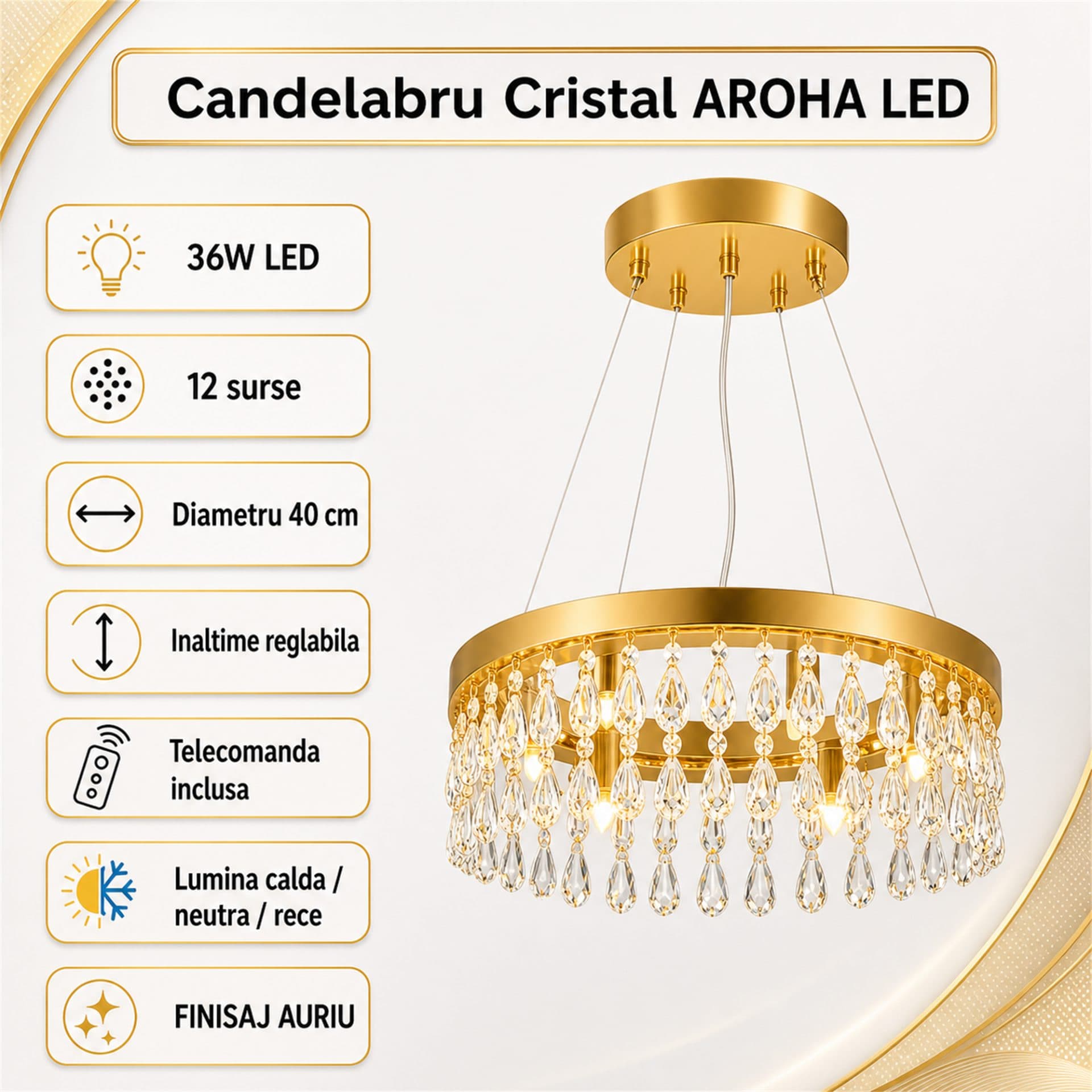 Candelabru LED Cristal Suspendat 12 Surse 36W Diametru 40cm — imagine 4