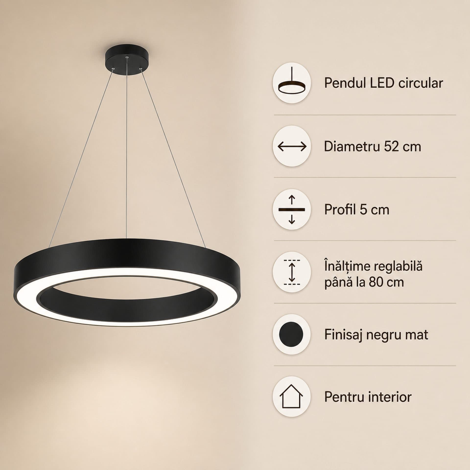 Lustra LED suspendata Flippy D52cm 25W Inaltime Reglabila Lumina Rece Negru Metal si Acril — imagine 8