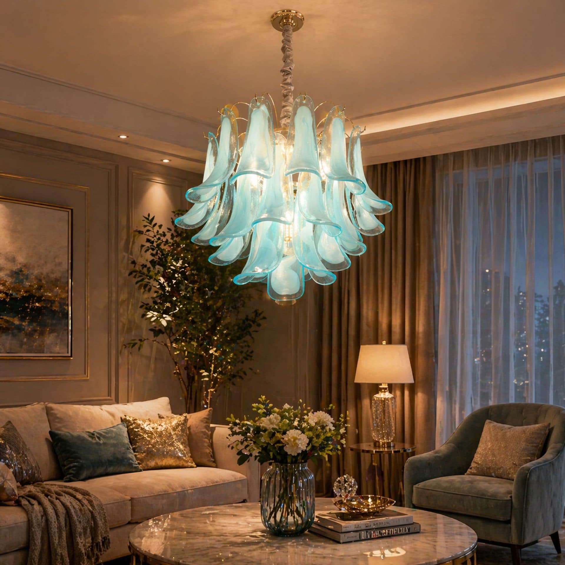 Candelabru Flippy Cristal MURANO Magno 7xE14, D60 cm, Albastru, Inaltime Reglabila, Metal si Cristal — imagine 4