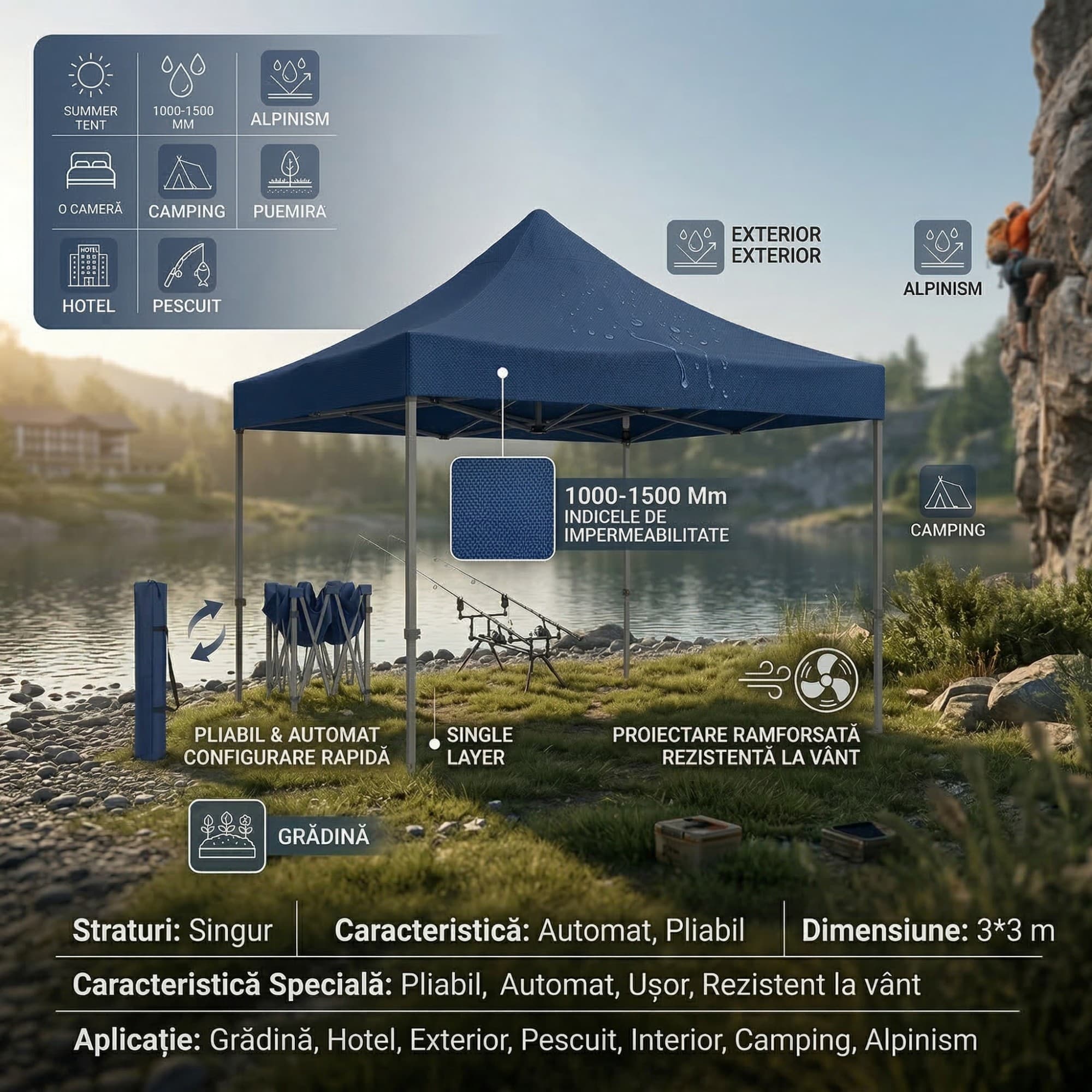 Cort Pavilion Flippy 3x3m, cadru metal pliabil, albastru — imagine 2