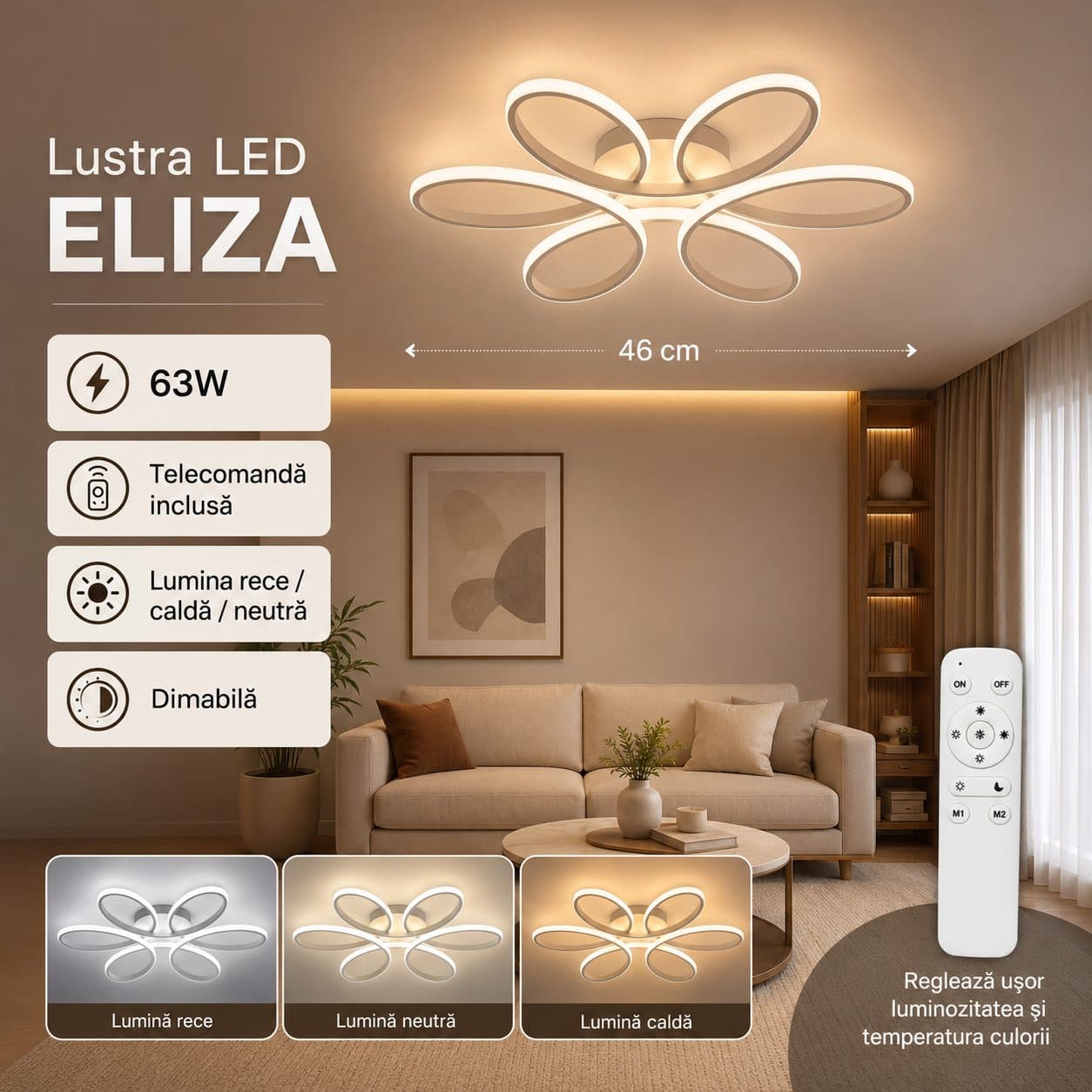 Plafoniera LED Flippy Design Floral 63W Alb — imagine 3