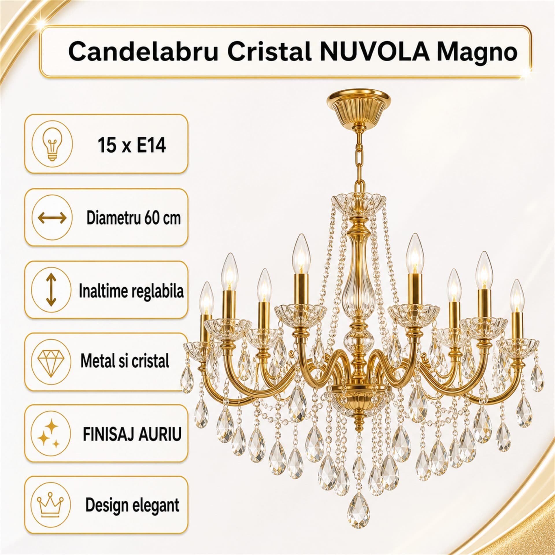 Candelabru Flippy Cristal NUVOLA Magno 15xE14 Diametru 60 cm Auriu — imagine 4