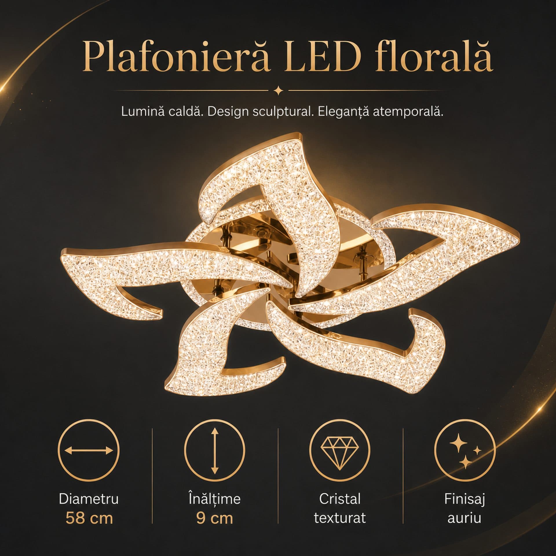 Lustra LED Flippy Magno cu telecomanda si cristal, 66W, 5 Surse, Lumina Rece/Calda/Neutra, Dimabila, Auriu — imagine 8