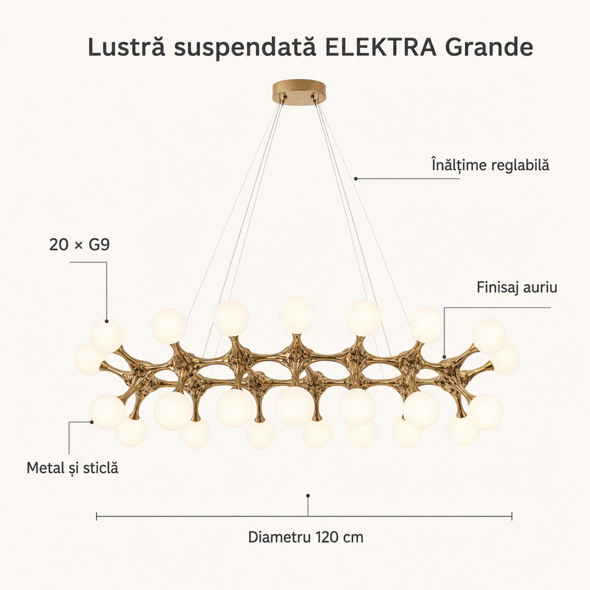 Lustra Suspendata Flippy BARRO Grande, Ø120cm, 20xG9, Auriu, Metal si Sticla — imagine 12
