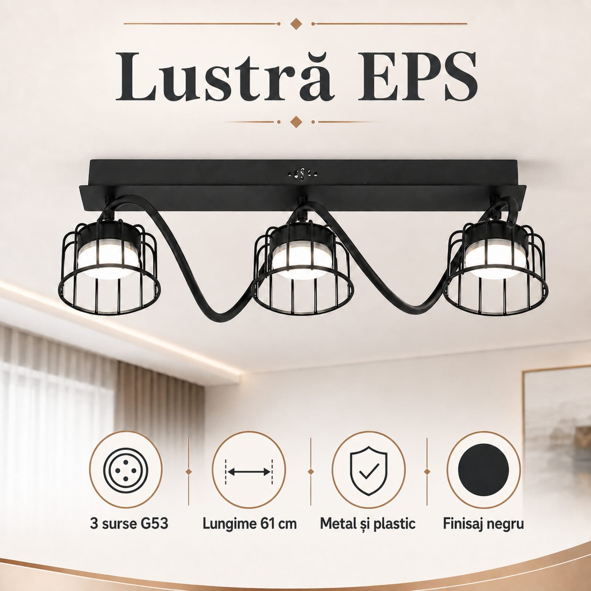 Lustra EPS Flippy, 3xGX53, 61x15cm, Negru — imagine 4