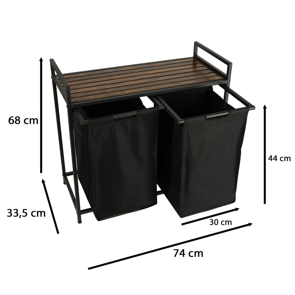 Cos de rufe cu doua compartimente, raft si blat din lemn, model LOFT, negru — imagine 3