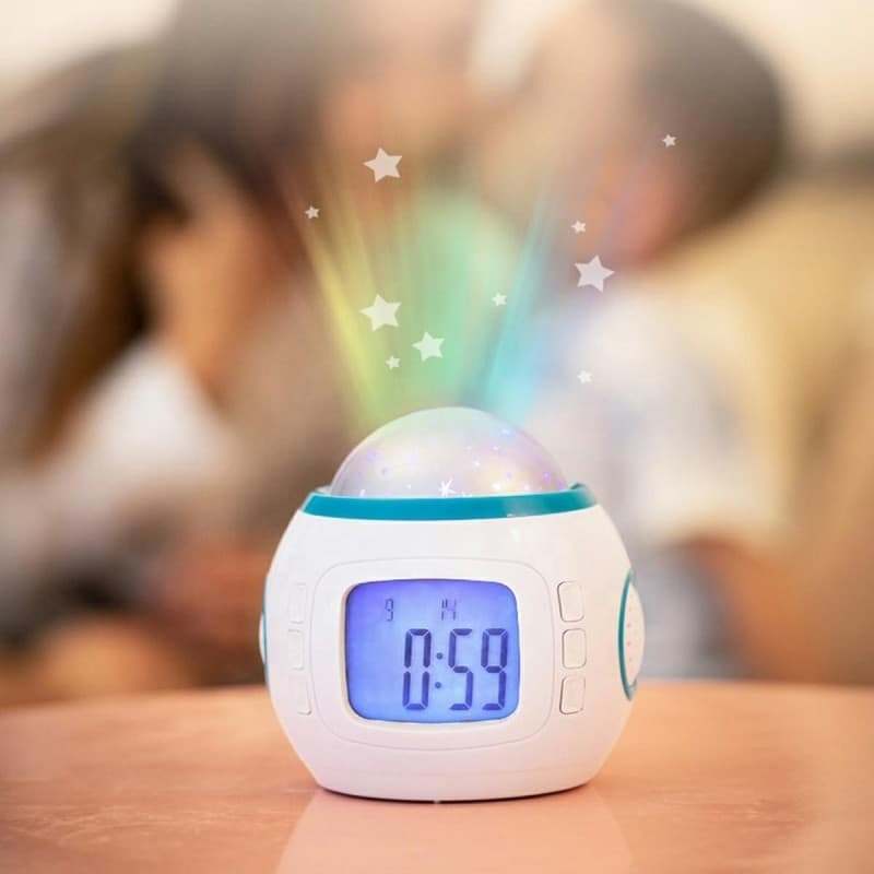 Ceas LED desteptator, proiector stele, calendar, termometru, 10 melodii, alb — imagine 1