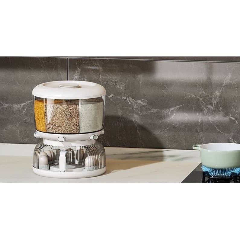 Dozator etajat de cereale Flippy, rotativ 360, 6 compartimente, capacitate 10L, alb — imagine 2