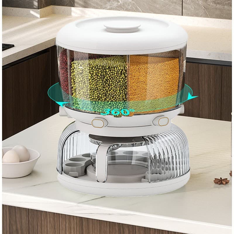 Dozator etajat de cereale Flippy, rotativ 360, 6 compartimente, capacitate 10L, alb — imagine 4