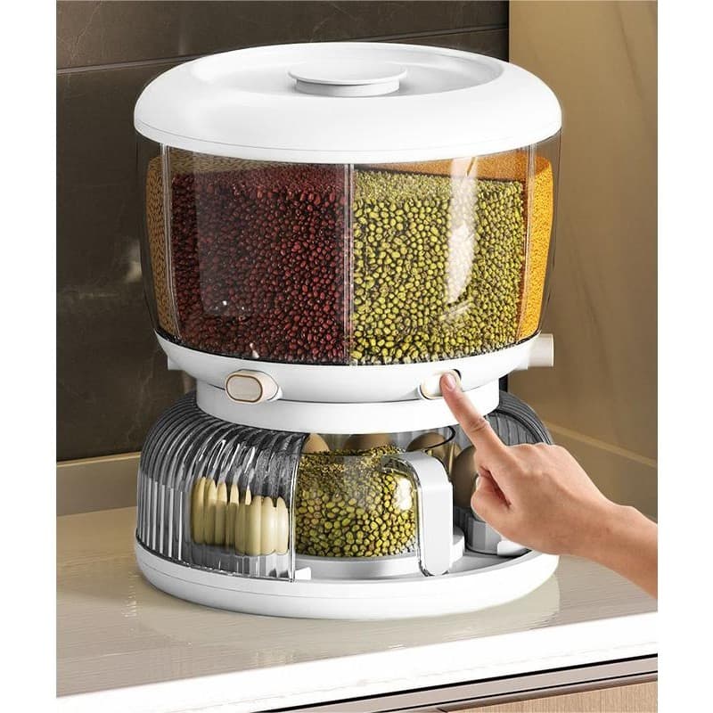 Dozator etajat de cereale Flippy, rotativ 360, 6 compartimente, capacitate 10L, alb — imagine 5