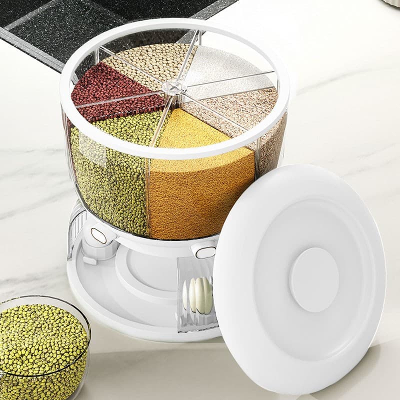 Dozator etajat de cereale Flippy, rotativ 360, 6 compartimente, capacitate 10L, alb — imagine 7