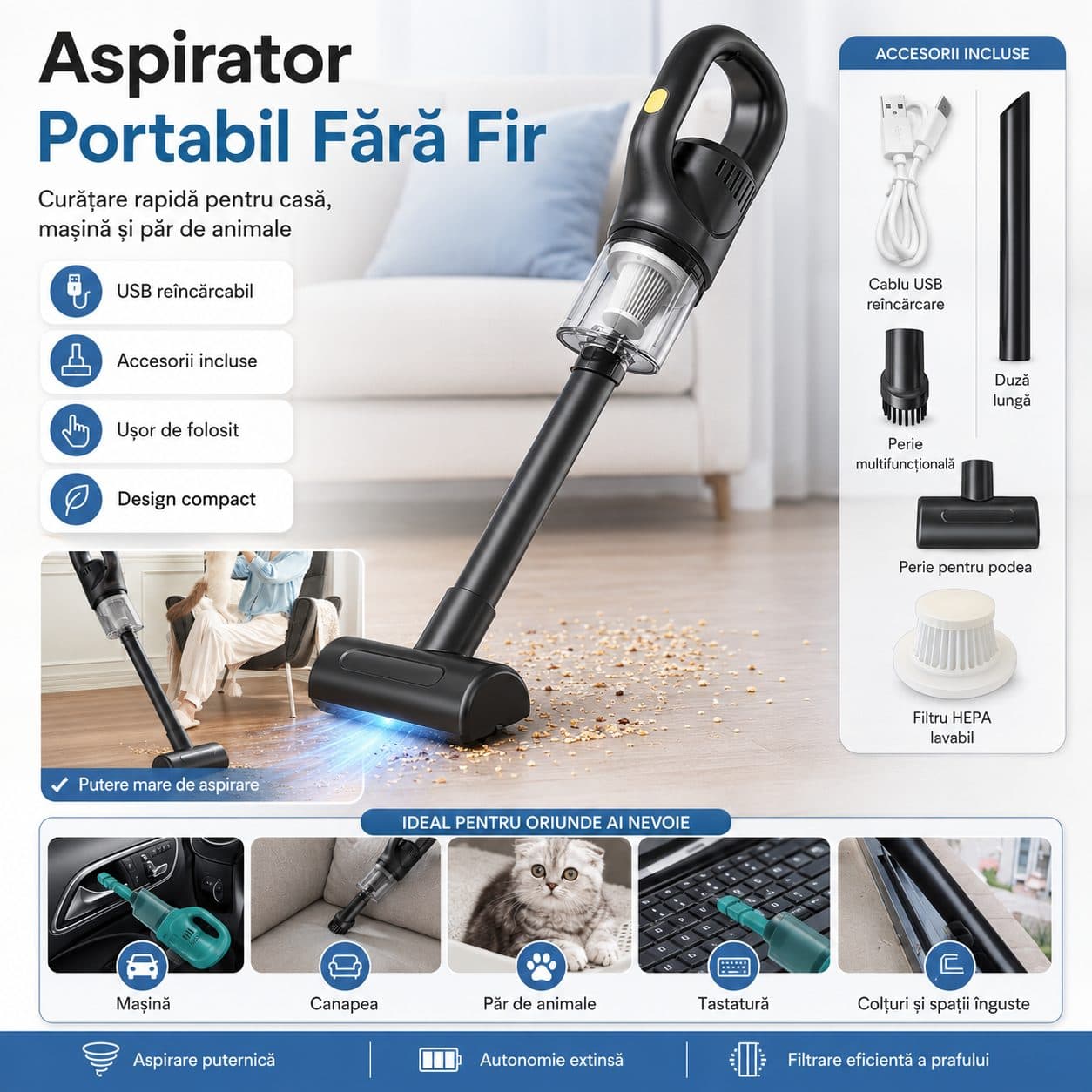 Aspirator Portabil Flippy Fara Fir Incarcare USB Pentru Casa si Masina Autonomie 45 min Negru — imagine 2