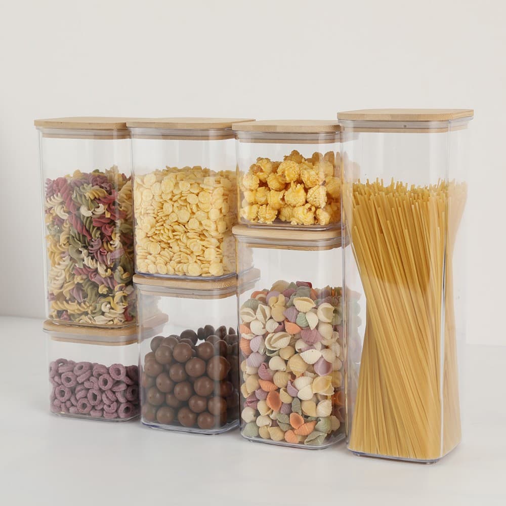 Cutii de depozitare alimentare set din 7, Flippy, plastic transparent cu capac din bambus — imagine 2