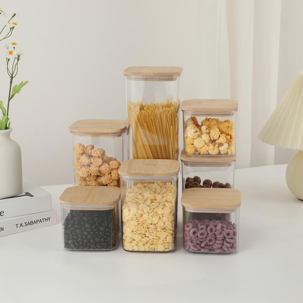 Cutii de depozitare alimentare set din 7, Flippy, plastic transparent cu capac din bambus — imagine 3