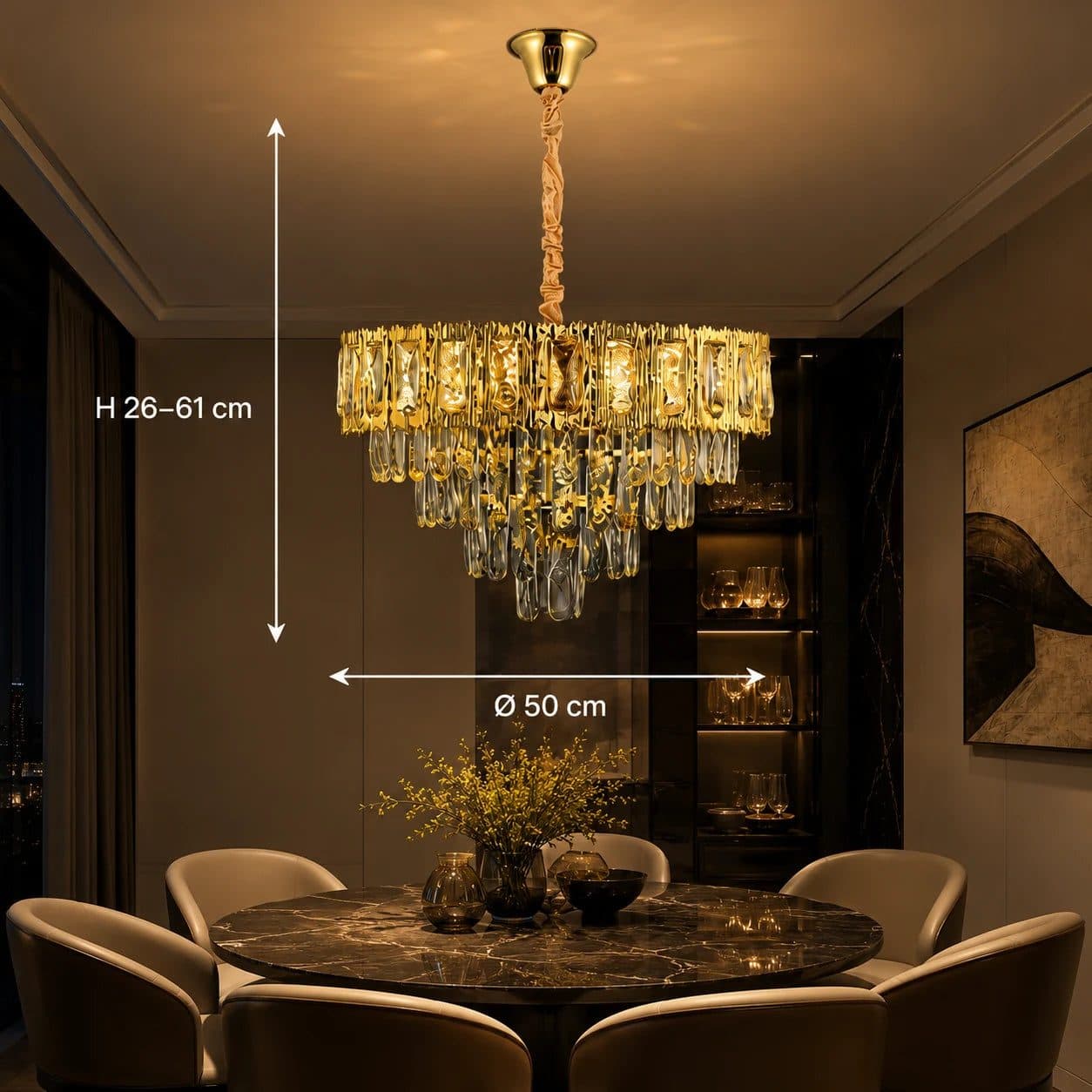 Candelabru Cristal BELVEDERE Eleganza 8x E14, Diametru 50cm, Auriu Lucios, Inaltime Reglabila — imagine 7