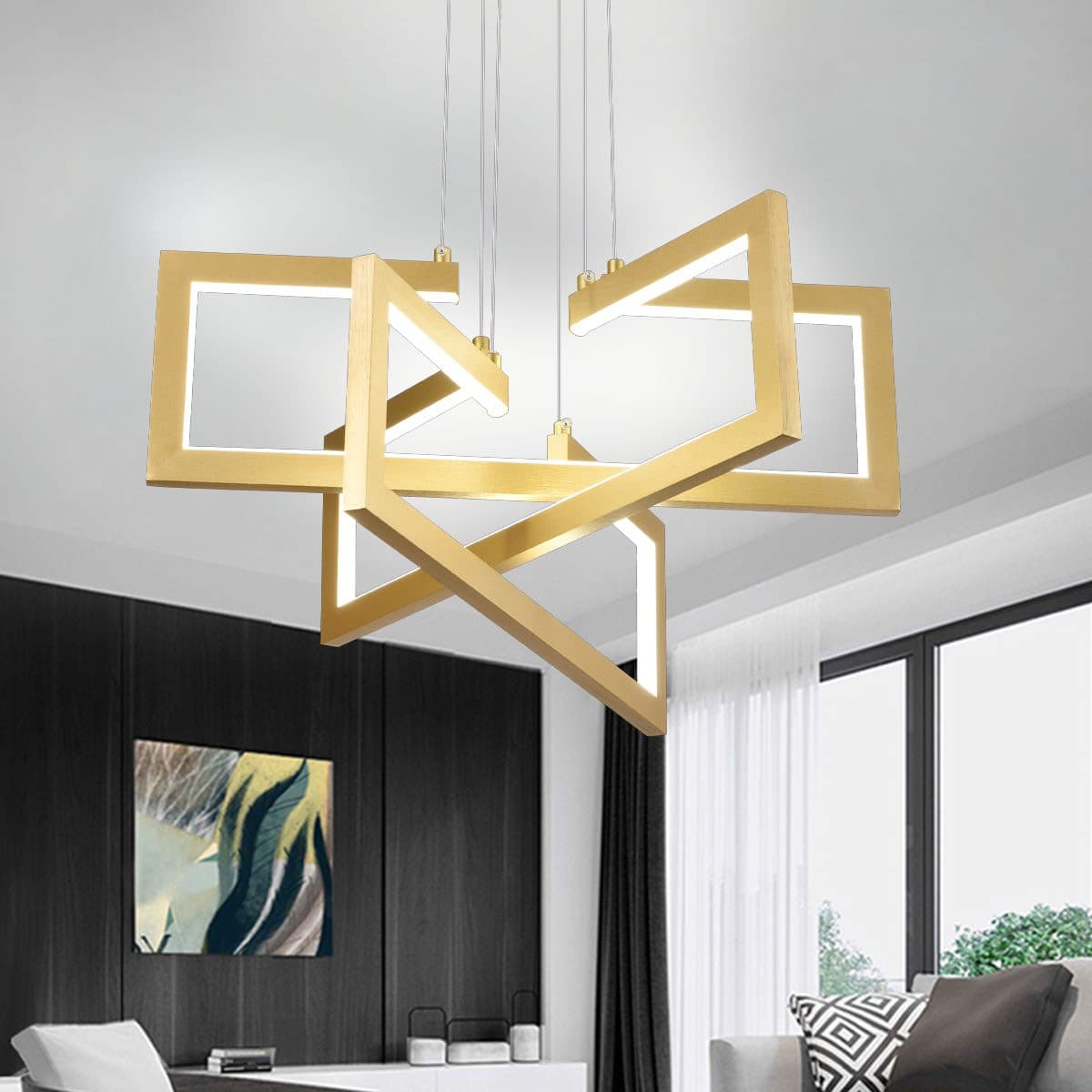 Lustra LED suspendata 71W, 3 elemente, finisaj auriu, dimabila, telecomanda — imagine 4