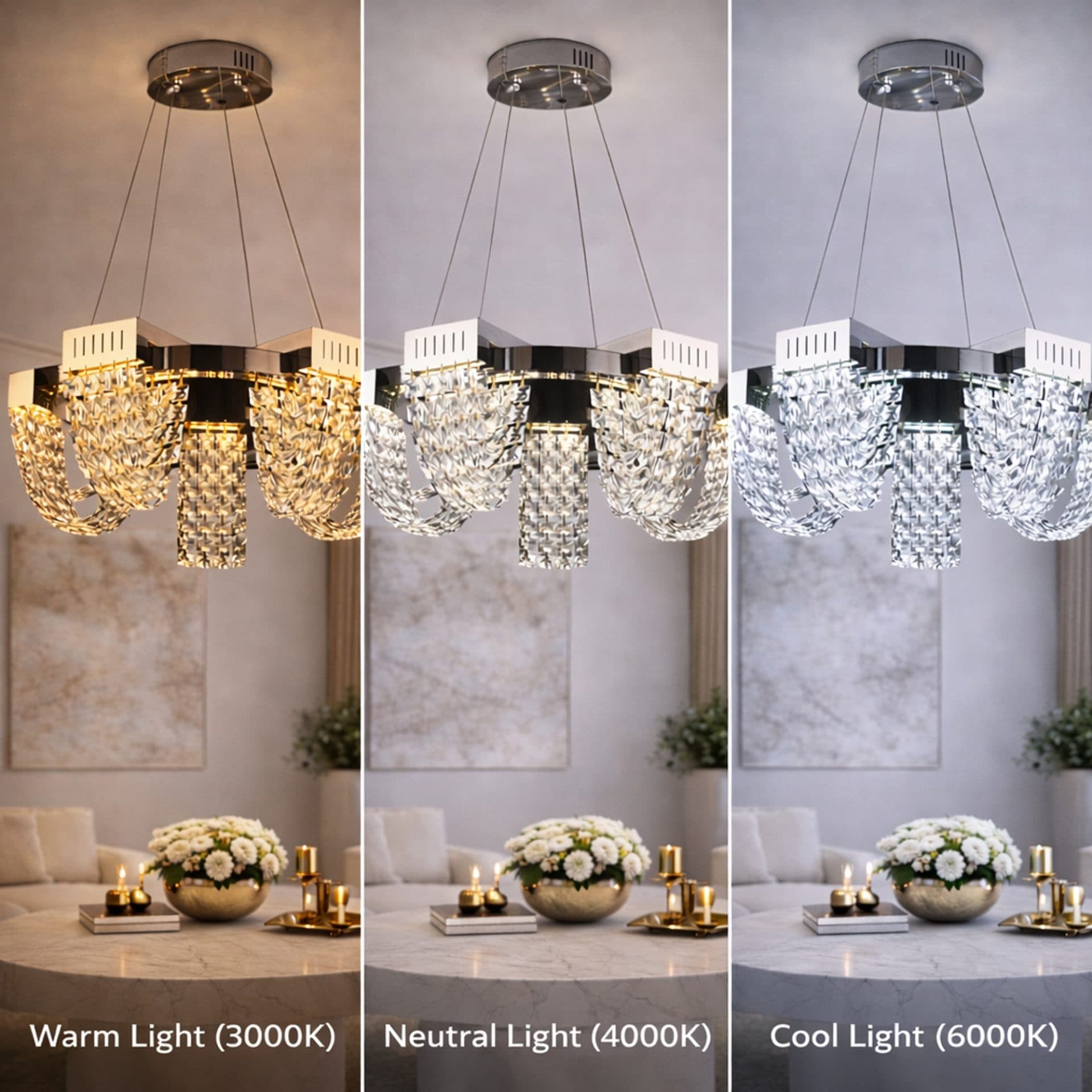 Candelabru LED Cristal 15W, Diametru 50cm, Crom Lucios, Inaltime Reglabila — imagine 4