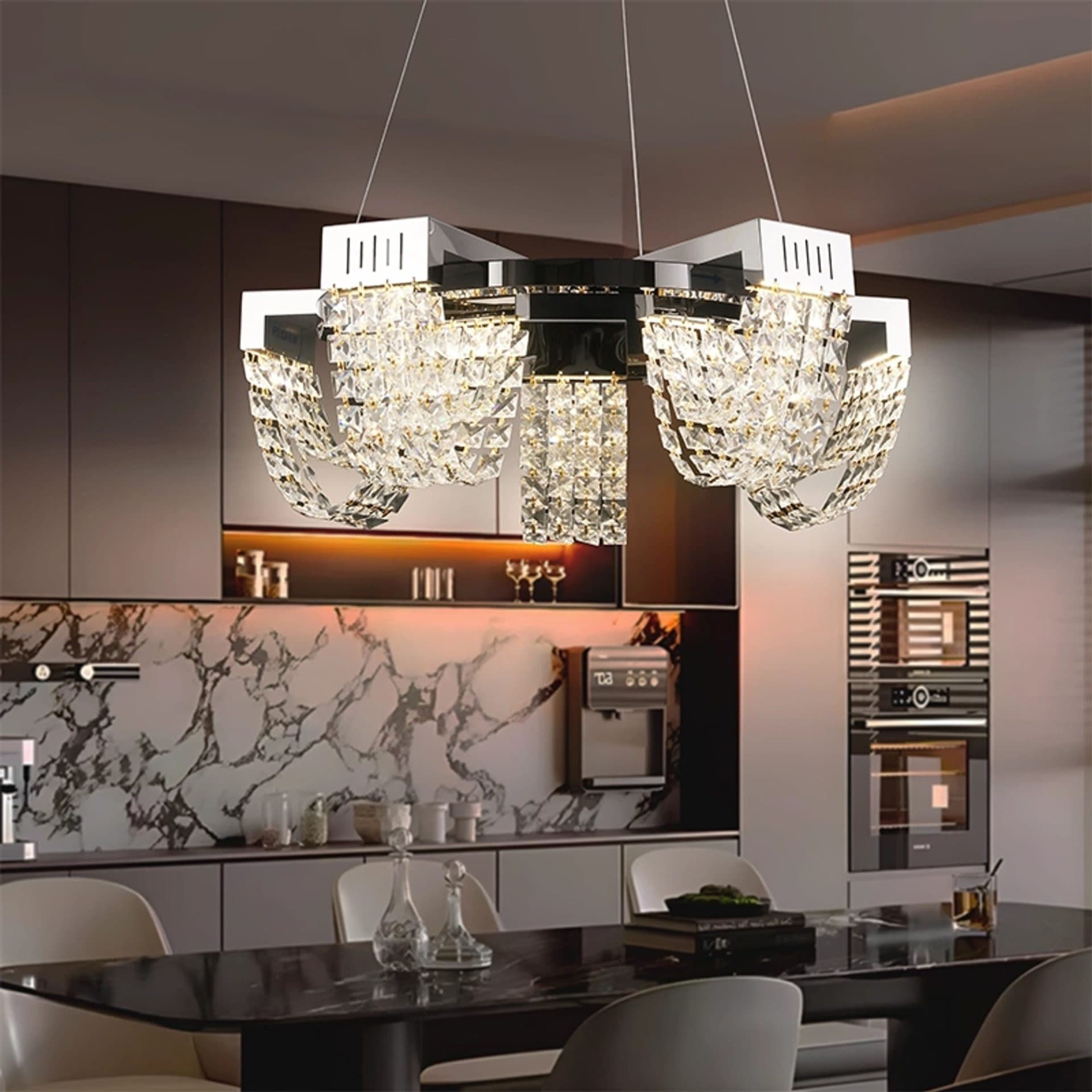 Candelabru LED Cristal 15W, Diametru 50cm, Crom Lucios, Inaltime Reglabila — imagine 5