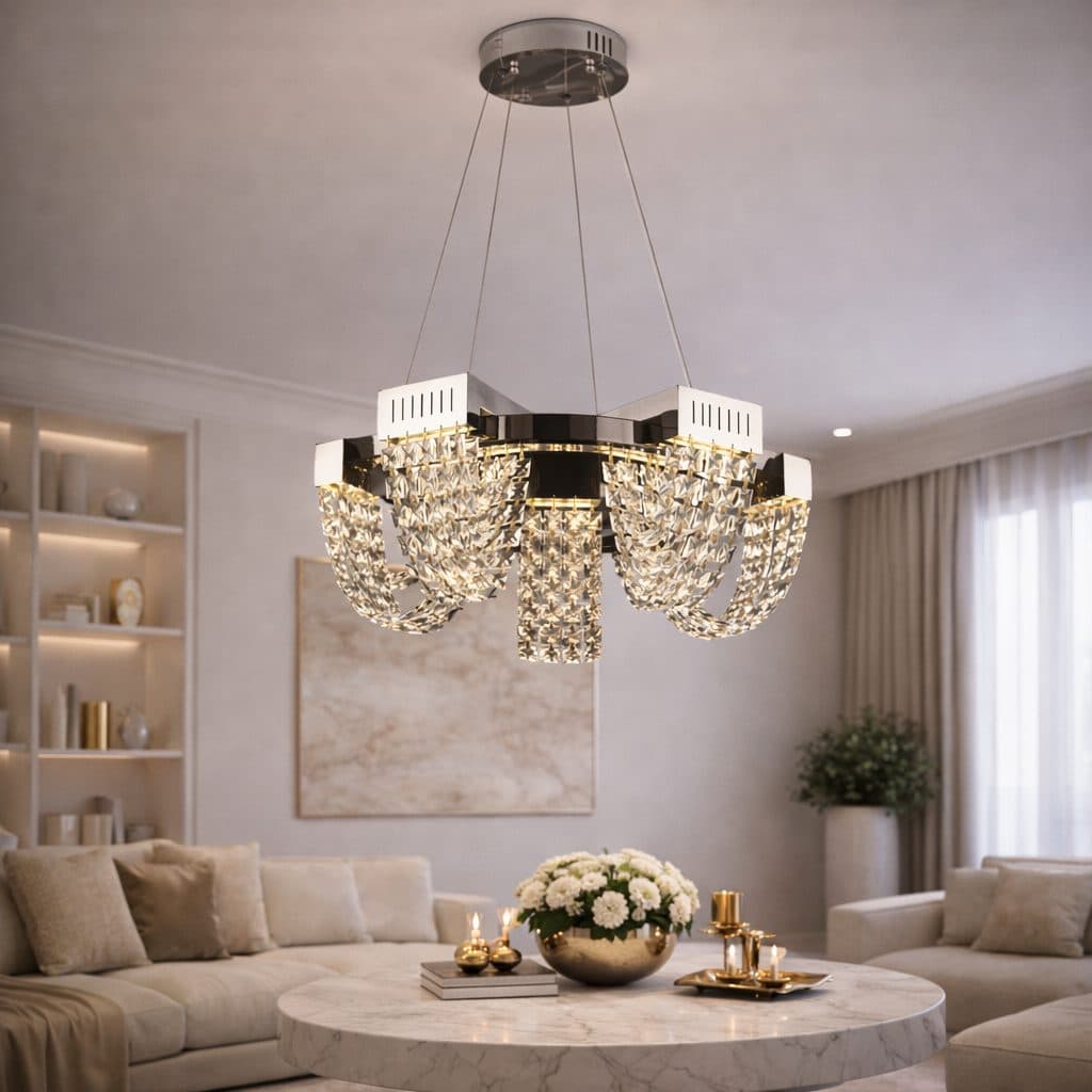 Candelabru LED Cristal 15W, Diametru 50cm, Crom Lucios, Inaltime Reglabila — imagine 13