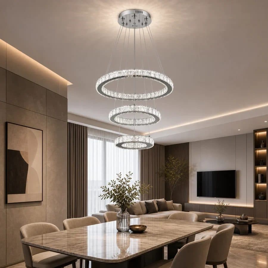 Lustra LED suspendata PRISM LUMORA 63W, 3 Cercuri, Crom Lucios, Inaltime Reglabila, cu Telecomanda — imagine 2