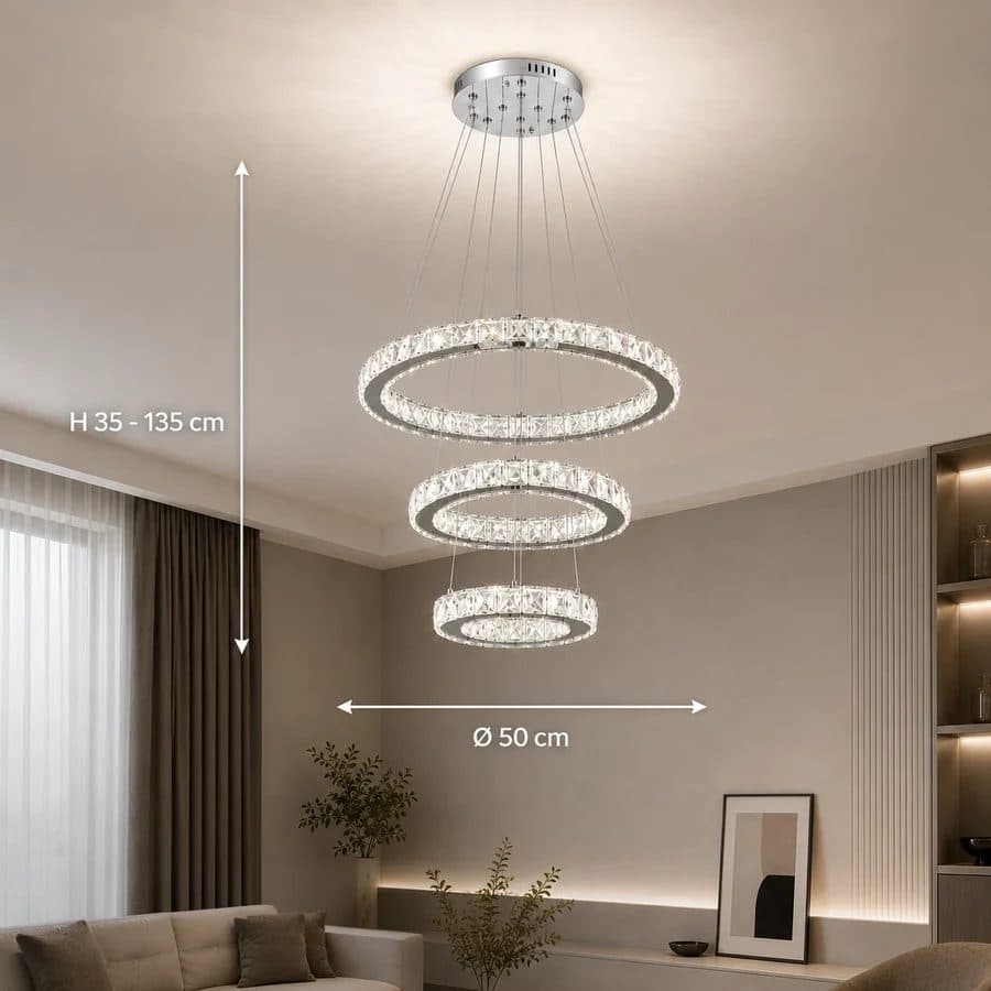 Lustra LED suspendata PRISM LUMORA 63W, 3 Cercuri, Crom Lucios, Inaltime Reglabila, cu Telecomanda — imagine 5