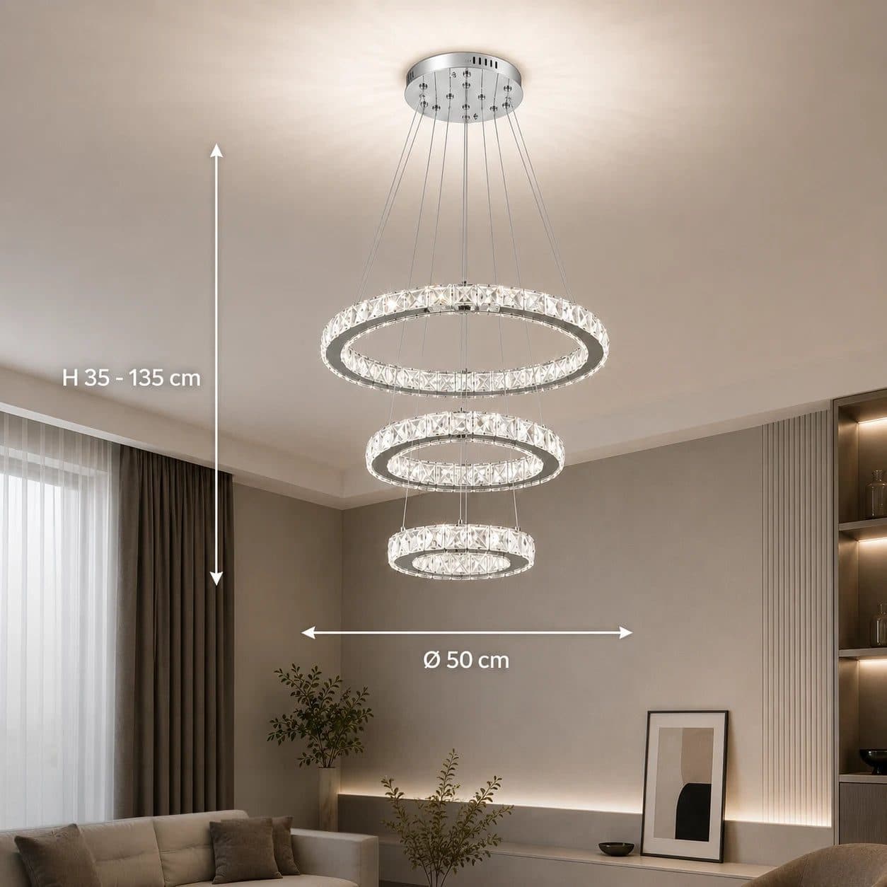 Lustra LED suspendata PRISM LUMORA 63W, 3 Cercuri, Crom Lucios, Inaltime Reglabila, cu Telecomanda — imagine 8