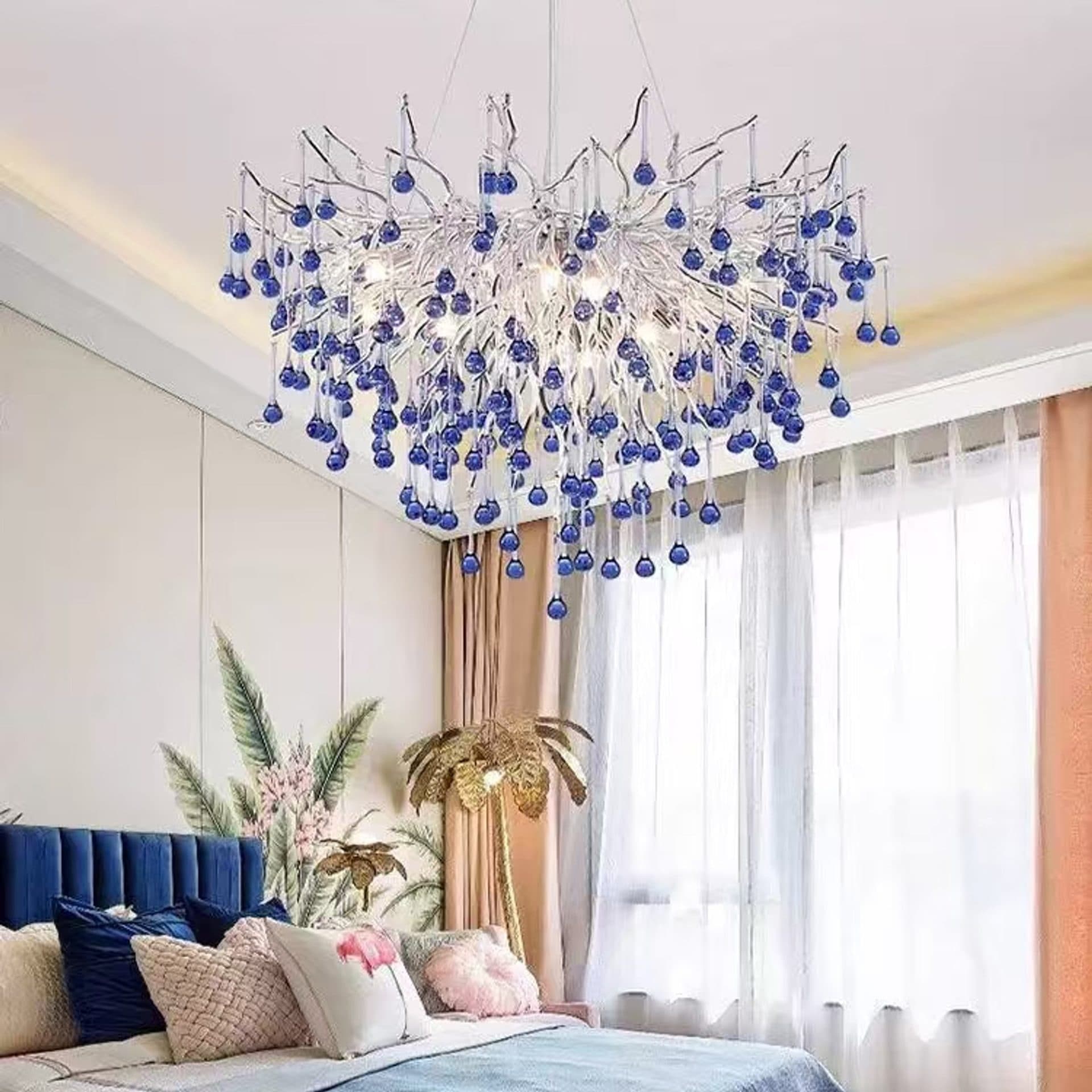 Candelabru Flippy Cristal 9x G9 Crom si Cristale Albastre 60cm Inaltime Reglabila — imagine 3