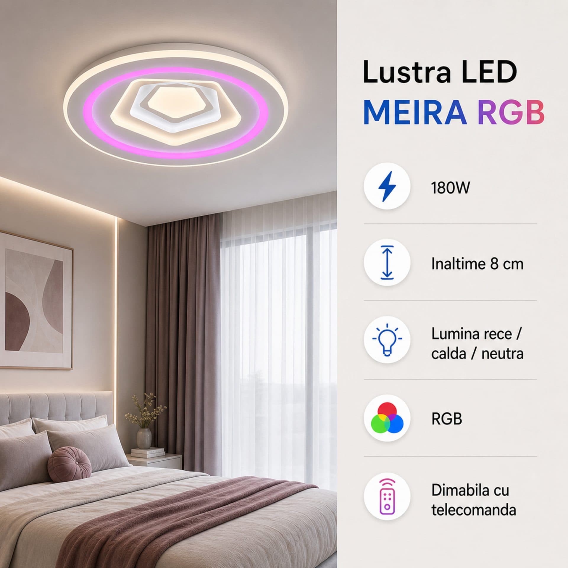 Lustra LED Flippy RGB 180W telecomanda Dimabila Alb — imagine 8