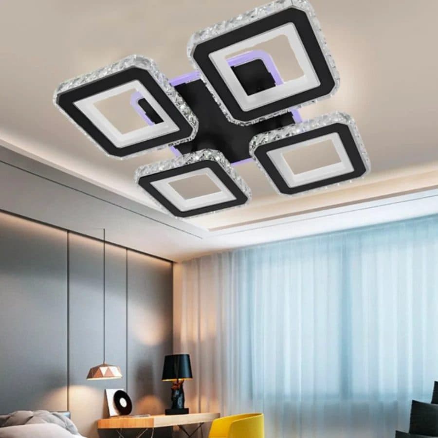 Lustra LED Flippy cu telecomanda si cristal LEILA RGB 69W, 4 Patrate, lumina Rece/Calda/Neutra, Dimabila, Negru — imagine 1