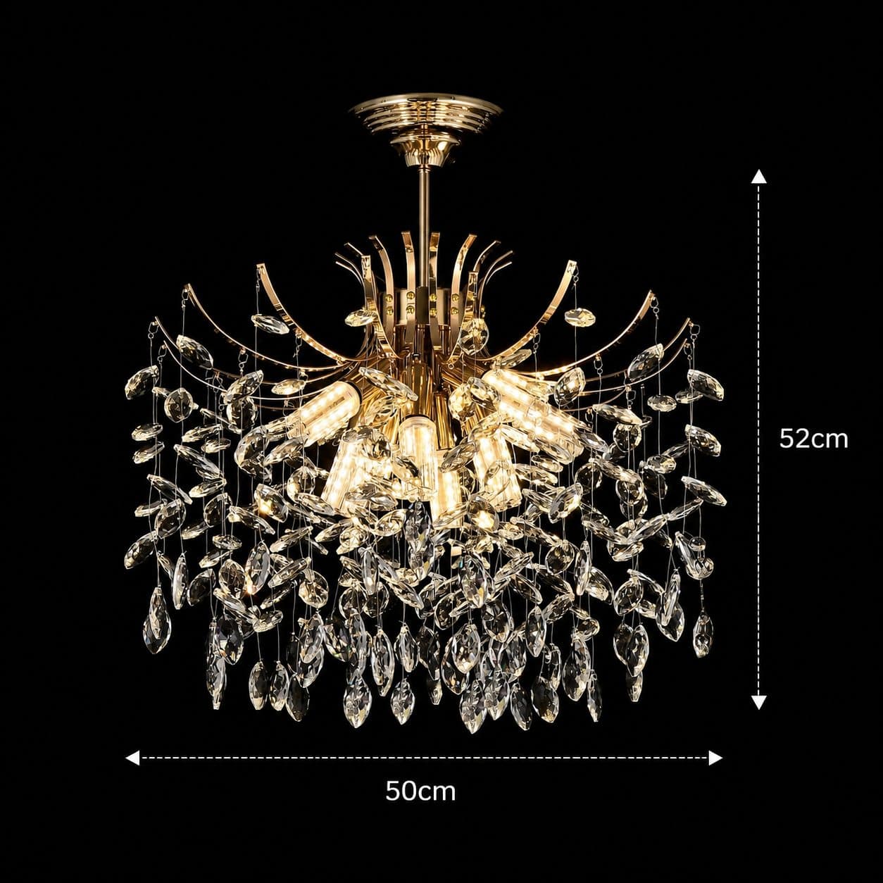 Candelabru Flippy Cristal PROWES Eleganza, 8x E14, D50 cm, Auriu, Inaltime Reglabila, Metal si Cristal — imagine 8