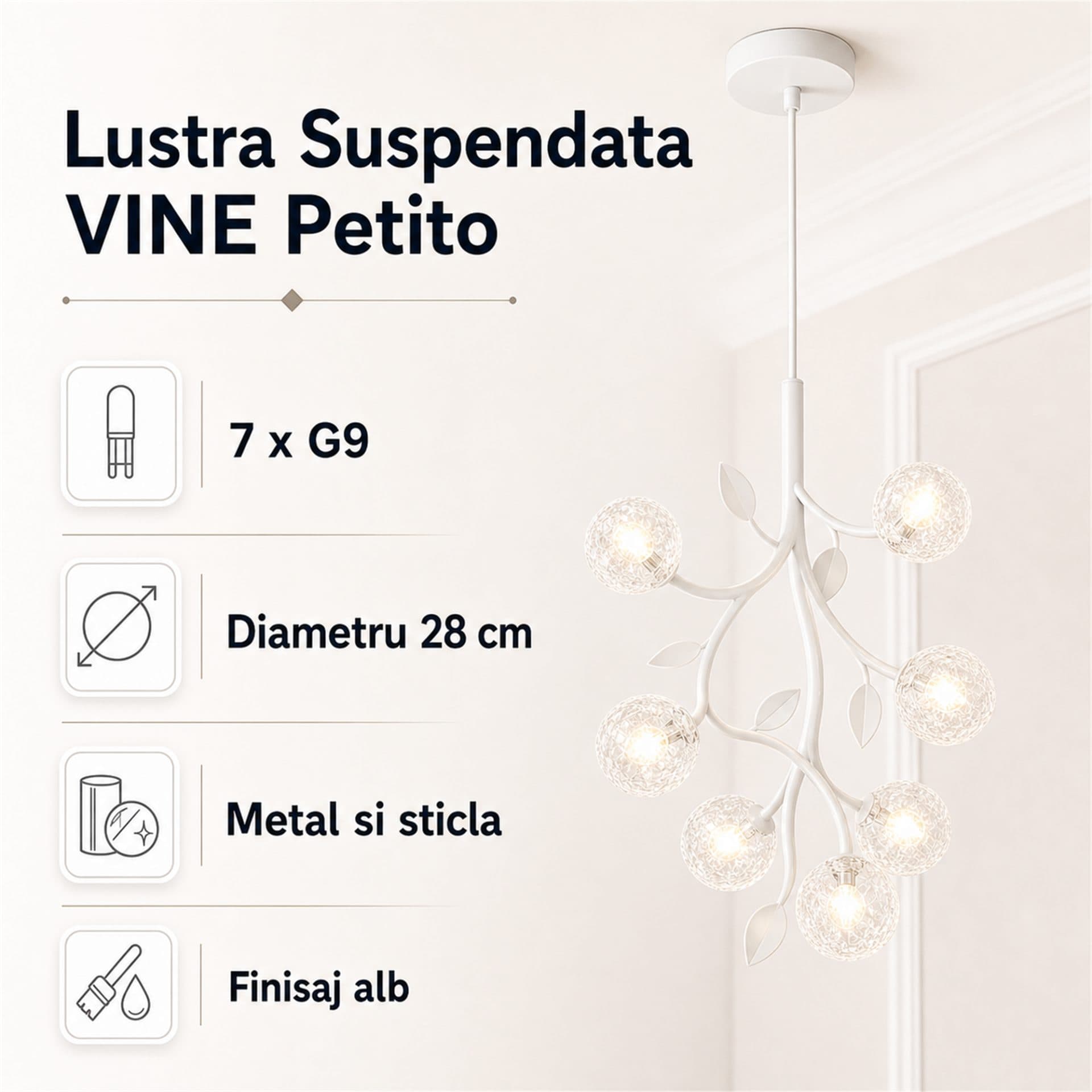 Lustra Suspendata VINE Petito 7xG9 Ø28cm Alb Metal Sticla — imagine 6