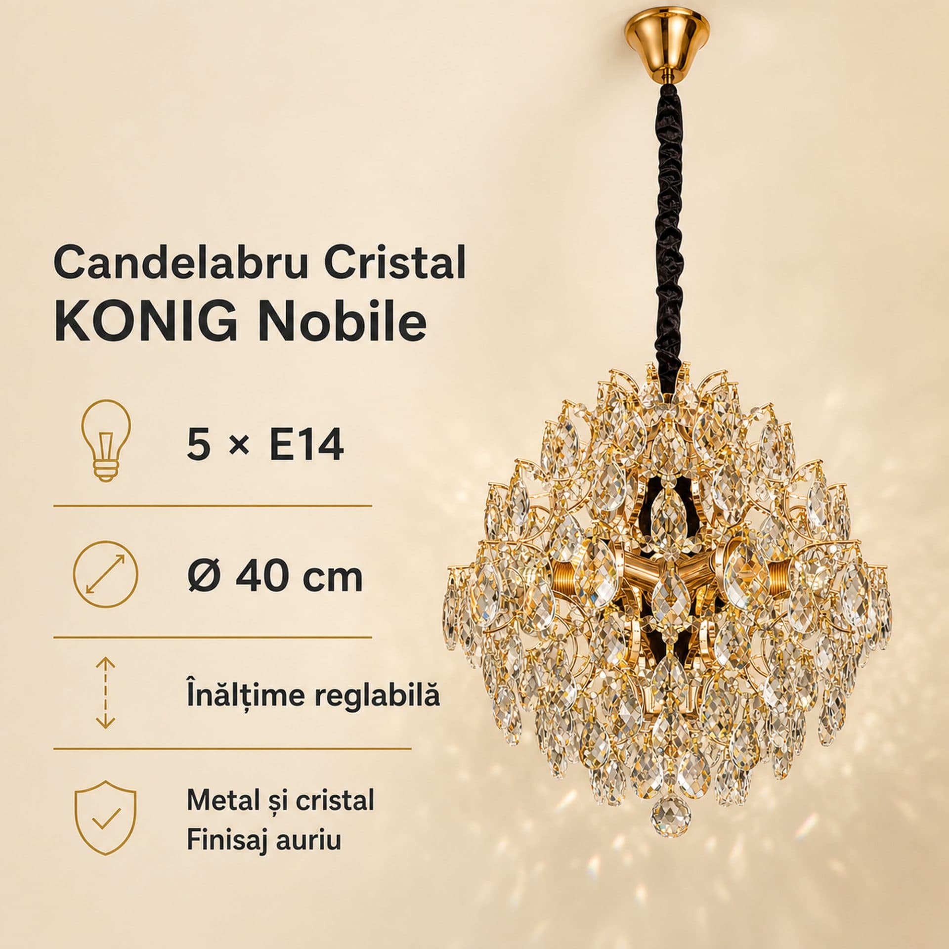 Candelabru cristal Flippy KONIG Nobile, 5xE14, 40cm, auriu — imagine 4