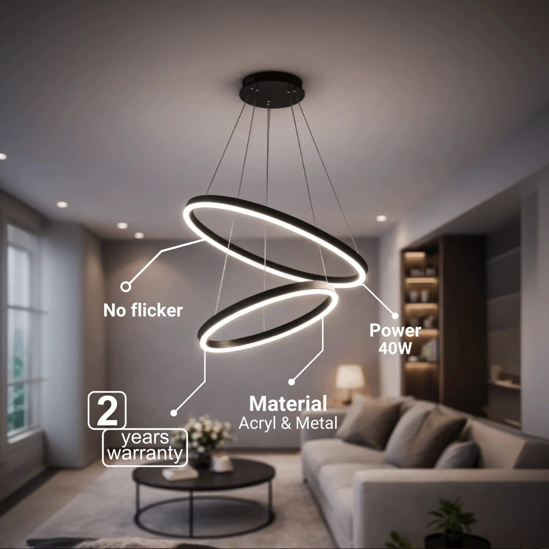 Lustra LED suspendata Flippy CASIANA 40W, 2 Cercuri, Dimabila, Inaltime Reglabila — imagine 2